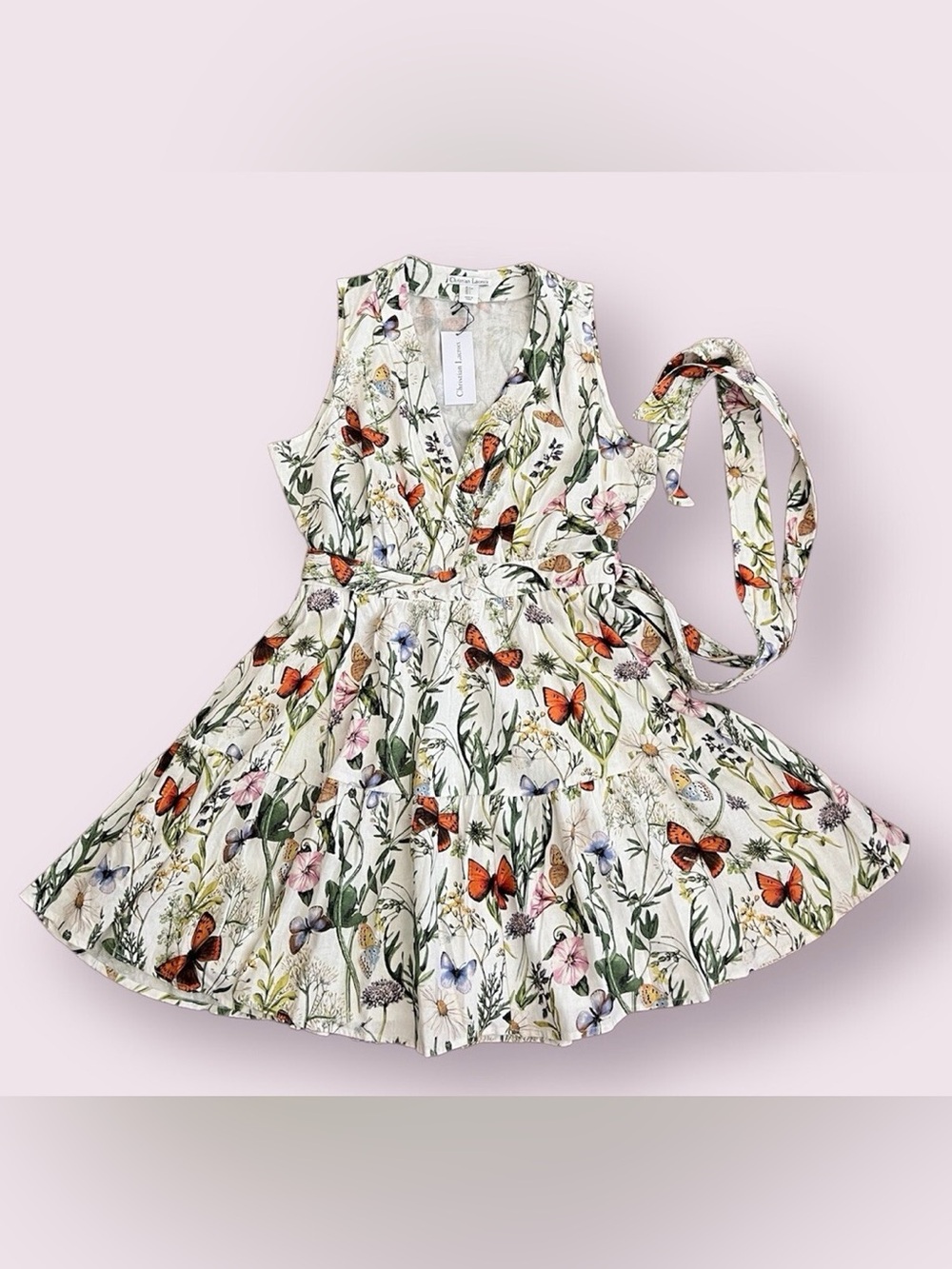 NWT Christian Lacroix Butterfly Garden Floral Linen Sleeveless Mini Wrap Dress